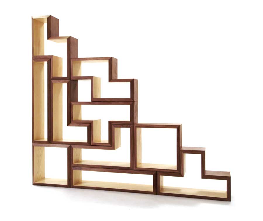 Tetrad Mega, expandable shelving, Brave Space Design, 5-block set: $3,500; 10-block set (pictured): $7,000, www.bravespacedesign.com, FSC-certified walnut or ash; low-VOC finish and adhesives
